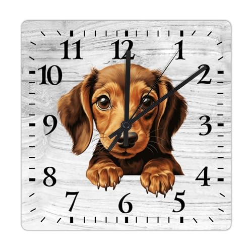 Yelolyio Reloj de pared con diseño de perro salchicha, silencioso, sin tictac, 38 x 38 cm, reloj de pared cuadrado de madera, para cocina, oficina, escuela, aula, regalo de inauguración de la casa