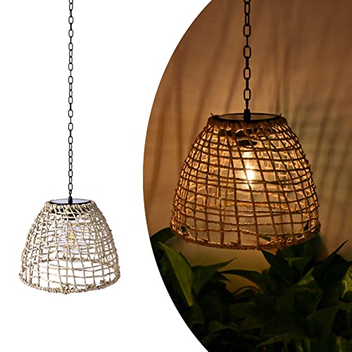 Vintage Rattan Basket Shade Solar Lantern Hanging Lighting Country Style Pendant Light Patio Garden Farmhouse Decoration Rustic Handmade Rattan Pendant Lamps.