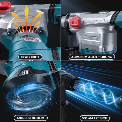 ENEACRO SDS-Max Heavy-Duty Rotary Hammer Drill 9 Ft.lbs, 3 Functions with Safety Clutch & Vibration Control 1-9/16" Drilling Capacity in Concrete– Includes Chisel, Drill Bit, and Tool Bag - Image 4