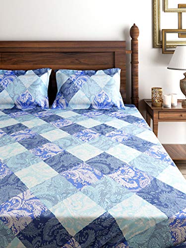 Image of Swayam Pure Cotton Double Bedsheet with 2 Pillow Covers | 160 TC Soft Breathable Bed Sheet | Ethnic Motifs Printed | Size 90 x 100 inch | Comfortable & Durable for Bedroom - Blue & Grey