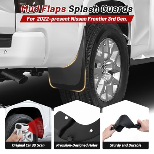 Image of Sunsdrew Mud Flaps for 2022-2026 Nissan Frontier PRO-X /PRO-4X with Wheel Eyebrow - All Weather Frontier Mudguards,No-Drill Front&Rear 4PCS Frontier Splash Guard(Not for Nissan Frontier S /SV)