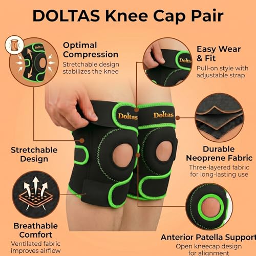 Image of DOLTAS Knee Brace Pair Neon Green - Open Pateela Knee Support for Gym, Running, Arthritis, Joint Pain & Injury Recovery Men & Women| Stabilizes Kneecap & Relieves Knee Pain (2 Pcs)