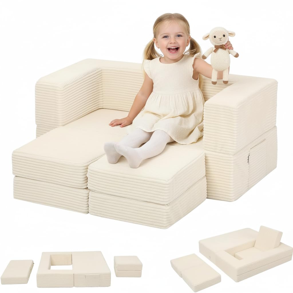MeMoreCool Modular Kids Couch, Corduroy Play Toddler Couch for Bedroom Playroom Furniture, Convertible Foam Kids Sofa Bed, Fold Out Baby Sofa for Girl Boy, Beige