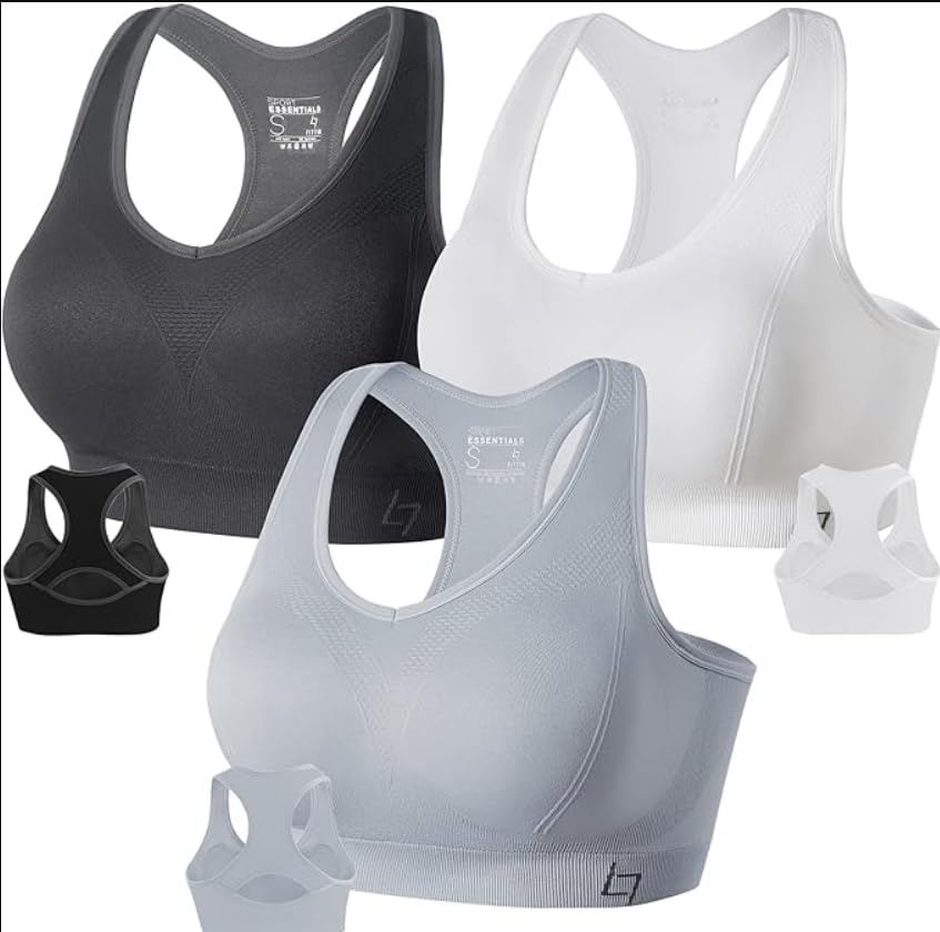 FITTIN Racerback Sports Bra for Women - Padded Seamless Activewear Bras for Yoga Gym Workout Fitness - Black White Sliver Grey S