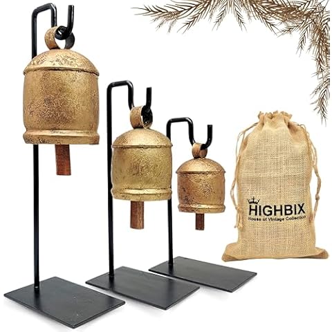 HIGHBIX Vintage-Style Rustic Handmade Christmas Jingle Cowbells with Metal Stand Set of 3 Farmhouse Holiday Decor, Perfect for Christmas Decorations, Gift, and Home Accents Cover