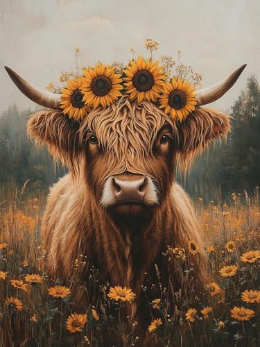 YQFCZDQ Round 5D Diamond Painting Kits for Adults Highland Cow Diamond Art Kits for Adults Beginner Sunflower Cow DIY Full Drill Diamond Dots Paintings with Diamonds Gem Art Craft Home Decor 12x16 in