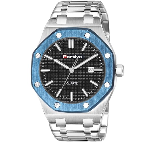 Image of Portive Quartz Watch for Men, Silver Stainless Steel Bracelet, Black Dial, Date Display, Octagonal Case
