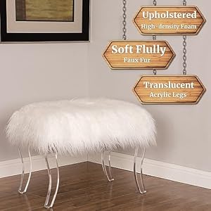 Glitzhome modern style white faux fur ottoman footrest stool vanity stool with acrylic legs accent bench for bedroom  urban country home decor