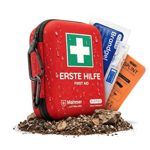 FLEXEO Erste Hilfe Set “Traveller” | 50-teilig | Inkl. Brandgel, Augenspülung, Fingerschiene | im Hardcase mit Karabinern | Ideal für Outdoor, Reisen, Fahrrad & Sport