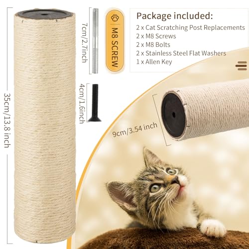Image of 2 Root Cat Scratching Post Replacement 13.78x3.54 Cat Tree Scratch Post Replacement Natural Sisal Pole Cat Scratch Post Refill Pole Part with M8 Screws for Kitten Tree Tower Cat Furniture Accessories