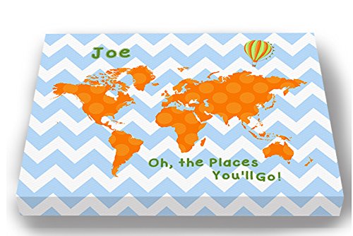 Dr Seuss, Personalized Canvas Nursery Chevron World Map, Customized Baby Name Wall Art Decor, Unique Educational Painting, Memorable Boys & Girls Gift, Giclee Print Stretched on Wood Frame 11X14