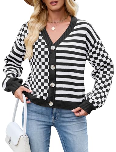 ZAFUL Womens Striped Cardigan Sweaters V Neck Open Front Button Up Checkered Knit Fall Winter Coat Outerwear