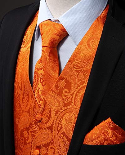 Hisdern Men's Vest Tie Set Paisley Floral Jacquard Casual Silk Necktie Pocket Square Waistcoat For Suit Or Tuxedo Orange #TOP1