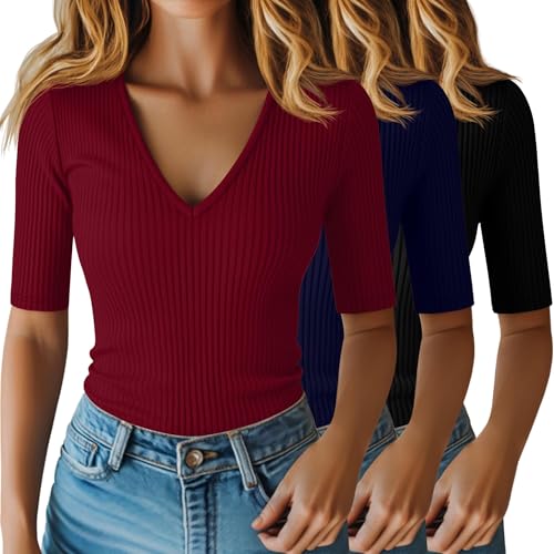 Riyiper Lot de 3 Hauts pour Femme à Manches mi-Longues Jusqu'au coude en Coton côtelé col en V Coupe ajustée(Noir, Bleu Marine, Rouge vin,L)
