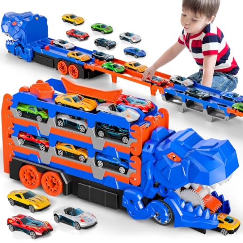 IHAHA 13 in 1 Dinosaur Race Track Toys for Boys Ages 3-5 4-6, 59-inches Foldable Track Transport Dino Truck with 12 Diecast Cars, Carrier Truck Toy Birthday Gifts Toys for Toddlers 3-4 Years
