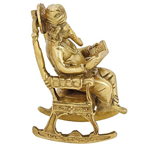 Indian Accent Brass Statue Hindu Art Ganesha God Seated On A Rocking Chair and Reading A Book 6 Inch