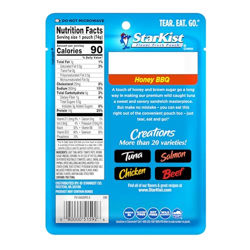 Image of StarKist Tuna Creations Honey BBQ, 2.6oz Pouch, 24-Pack | 14g Protein Per Serving, Wild Caught, Shelf Stable Seafood, Gluten Free, Soy Free, No Draining, Ready to Eat for Salads