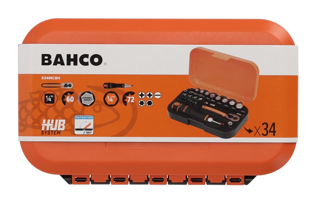 Bahco Set di chiavi a bussola e punte da 34 pezzi, attacco da 1/4", in acciaio al cromo vanadio, kit di attrezzi professionali con cricchetto, prese e accessori, ideale per fai da te, attività