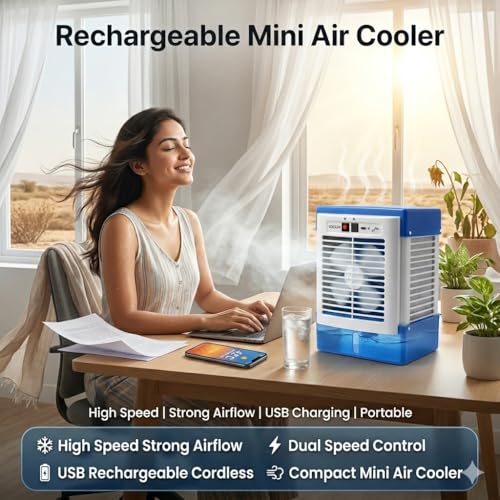 Image of Portable USB Rechargeable Personal Cooling Fan with Dual Speed Settings, Compact Tabletop Air Circulator for Home, Office, Study Desk and Travel