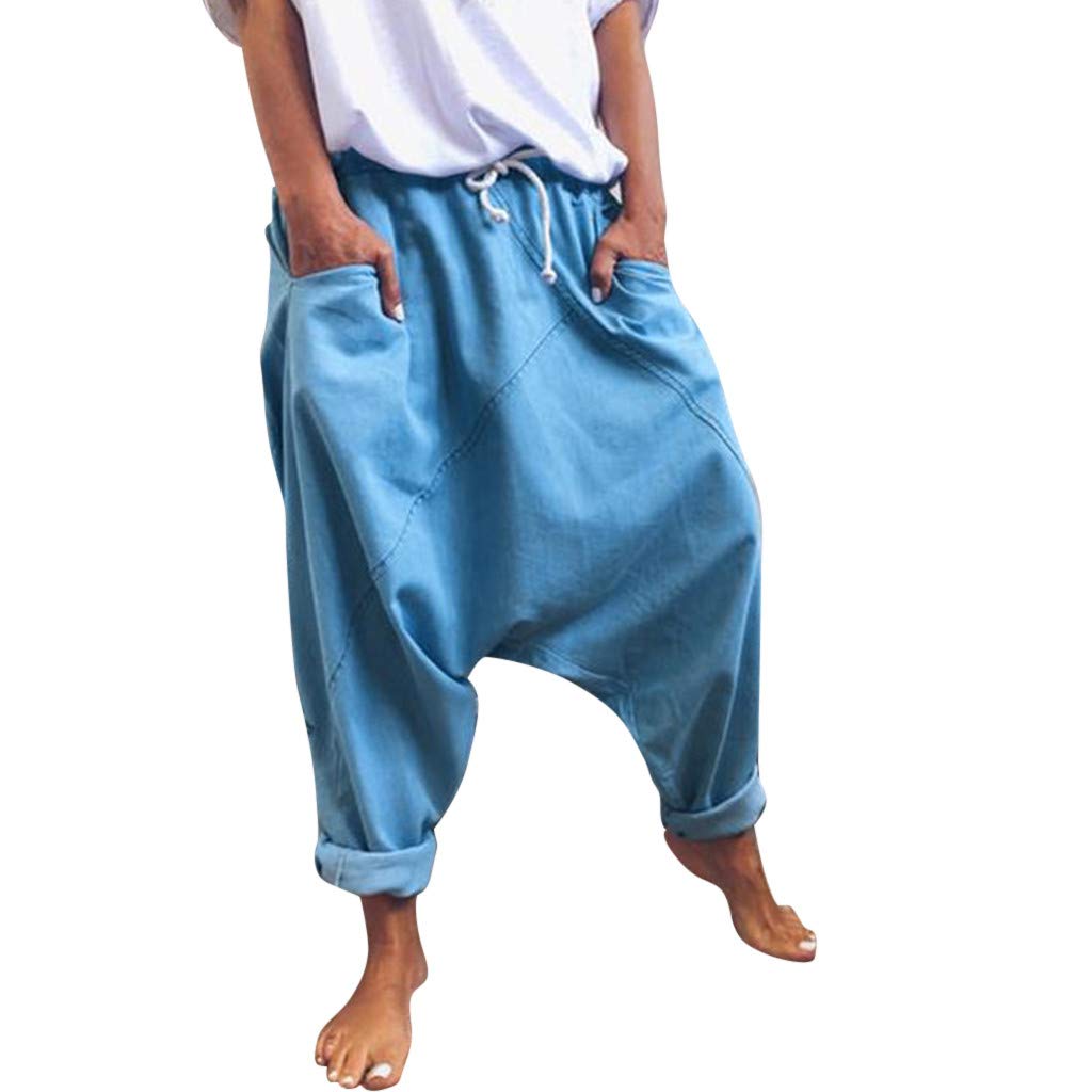 WABEOR Drop Crotch Pants Women Cotton Hippie Baggy Harem Pants Loose Fit Patchwork Pants Casual Summer Elastic Waist