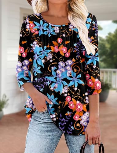 KISSMODA Tunic Tops for Women Loose Fit Dressy Round Neck Pleated 3/4 Length Sleeve Spring Tops