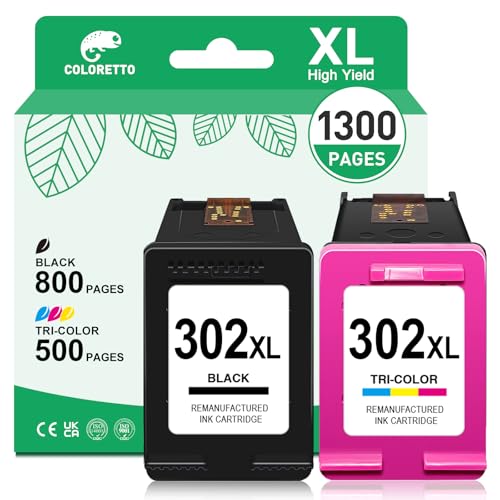COLORETTO 302XL Cartucho de Tinta para HP 302 XL Negro y Color para Deskjet 3639 3630 3633 3634 3636 1110 2130 OfficeJet 3830 3831 3833 3834 4650 4656 Envy 4520 4522 4523 4524 4527 Remanufacturado