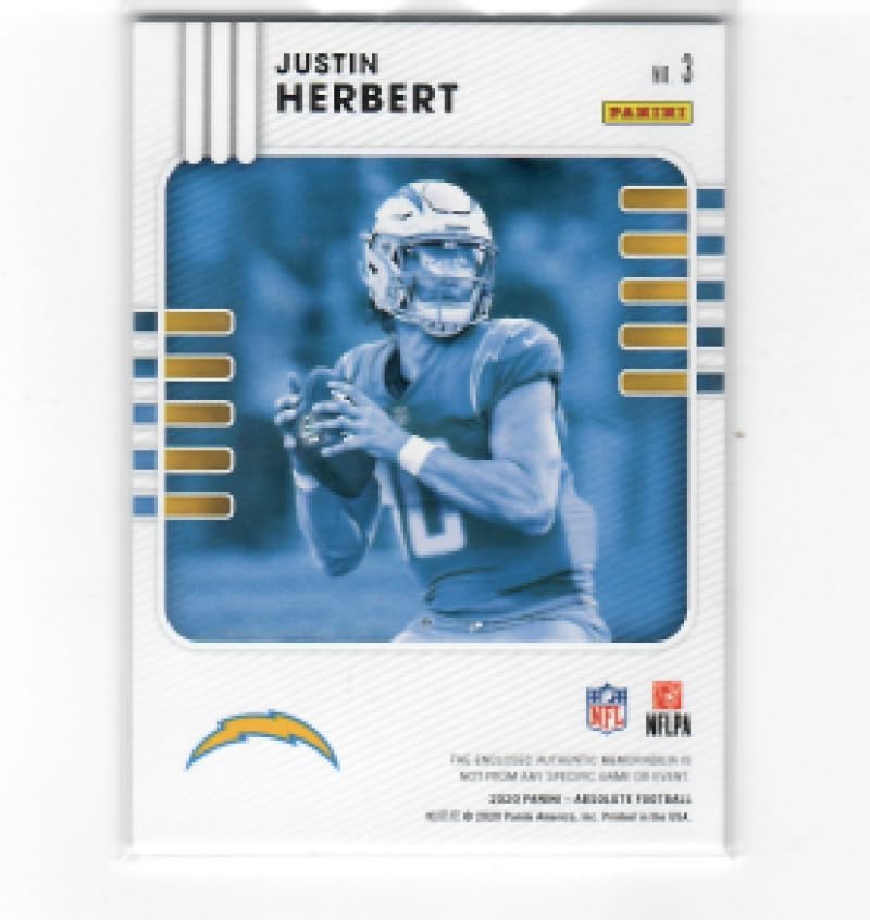 2020 Panini Absolute Absolute Rookie Materials #3 Justin Herbert Los Angeles Chargers NFL Football Card (SP - Short Print) (Memorabilia Piece or Relic) NM-MT
