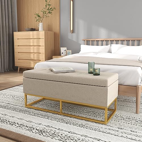 HOMCOM Baúl de Almacenaje para Dormitorio Puff de Almacenaje Tapizado de Lino Sintético con Tapa Abatible y Patas de Acero para Salón 110x44x48 cm Beige - imagen 2