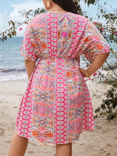 Image of Floerns Women's Plus Size Summer Vacation Wrap V Neck Short Sleeve Ruffle Hem A Line Hawaiian Short Dress