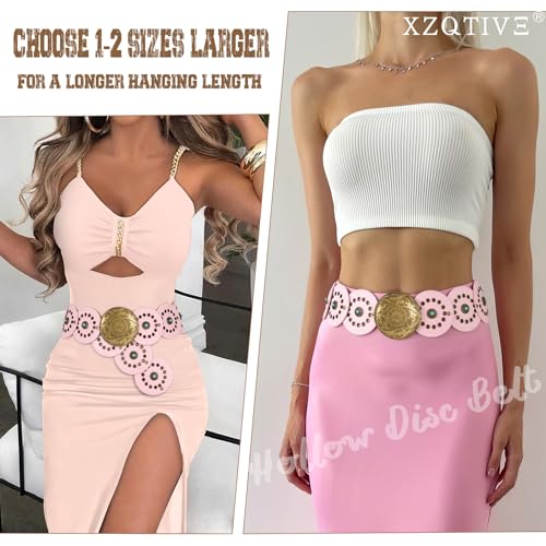Image of XZQTIVE Western PU Leather Belts for Woman Concho Cowgirl Cowboy Disc Belt for Ladies Wide Boho Country Waist Belts for Dress