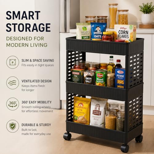 Image of wall love Plastic Storage Rack Trolley with Wheels for Kitchen, Bathroom & Bedroom - Multipurpose Organizer Shelf Rack for Fruits, Toiletries, Snacks and Household Storage (3 Layer)