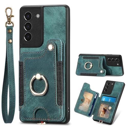 Étui portefeuille en cuir PU Samsung S21 FE vert résistant aux chocs avec dragonne