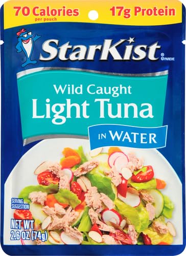 Image of StarKist Chunk Light Tuna in Water, 2.6 oz Pouch Ready to Eat Wild Caught Tuna, 17g Protein, 70 Calories Per Serving, Gluten Free, Soy Free, Kosher, Perfect for Salads, Keto Meal & Snacks, (Pack of 6)