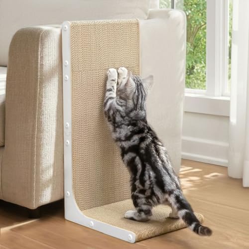 Conlun Rascador para Gatos, 58 cm Forma en L Montable en Pared, Panel de Rascado Vertical, Cartón Duradero para Proteger Muebles de Gatos de Interior, Grande,Blanco