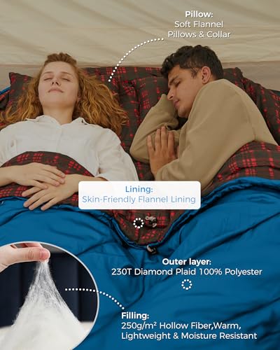 Image of KingCamp Double Sleeping Bag for Adults, Queen Size 2 Person XXL Flannel Sleeping Bag, Waterproof Lightweight Flannel Quilt with 2 Pillows, Perfect for Couples Family Camping Hiking