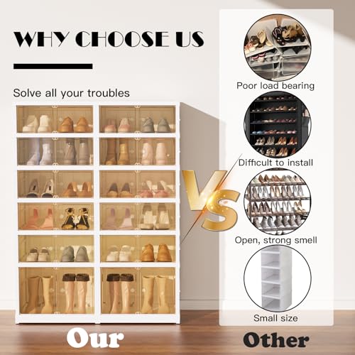 Image of 6-Tier Portable Shoe Rack Organizer for Closet, 24 Pairs Shoe Container Bins, Clear Plastic Collapsible Shoes Storage Box, Stackable Sneaker Storage Shoe Cabinet with Door