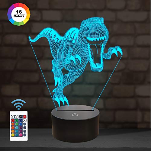 FULLOSUN 3D Dinosaur Night Light, 3D Illusion Lamp for Living Bed Room Bar Decor, Best Holiday Birthday Gift Toys for Boys Girls with Remote Control 16 Color Change + Dim Function + 4 Flash Mode u0085