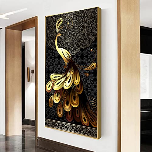 Tableau paon noir et or 50x90 cm moderne sans cadre pour salon - 4