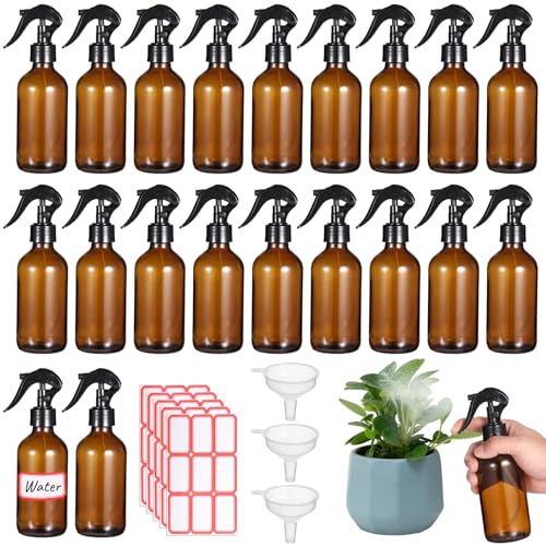 24 PCS 8 oz Glass Spray Bottles - Brown Glass Sprayer with Funnels and Labels, Refillable Fine Mist Trigger Bottles for Essential Oils, Cleaning Solutions, Haircare, Room Fresheners, DIY Cosmetics