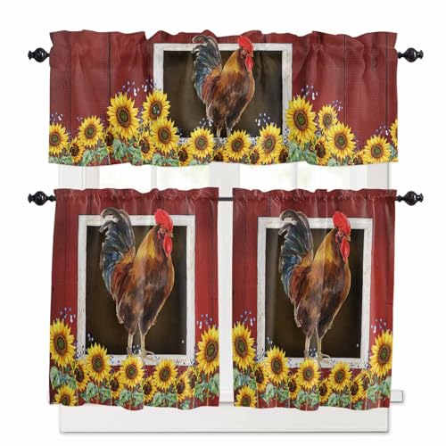 Chicken Sunflowers Kitchen Curtains Set, Country Farm Animal Red Wooden