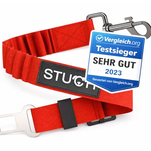 STUCH Universeller Bungee Sicherheitsgurt für Hunde & Katzen - Passend für alle Hunderassen & Autotypen (Farbe Rot) OneSize