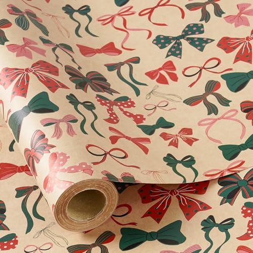 RUSPEPA Rollo De Papel De Regalo Navideño Para Niños Y Niñas, Diseño De Lazo Colorido Con Cintas Rojas, Verdes Y Rosas, Papel De Regalo Kraft Para Navidad, Cumpleaños Y Fiestas Navideñas, 43,2Cm X 5M.
