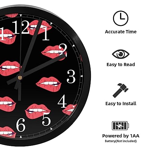 Horloge murale silencieuse cadeau original maison cuisine design lèvres rouges sur noir - 3