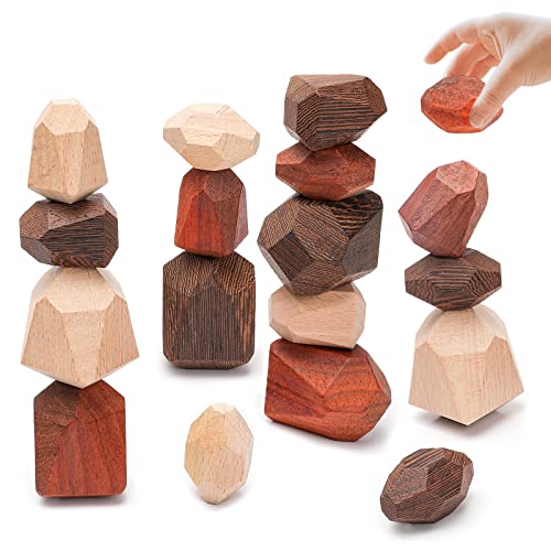 Promise Babe Wooden Stacking Stones Sorting Blocks Stacking Rocks Stone Balancing Blocks Educational Preschool Learning Toys Large Small Game Mix Set For Kids 18Pcs #TOP30
