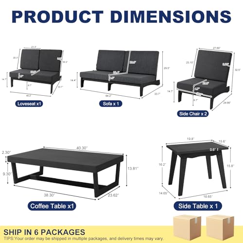 Image of Pia Ricoo 6-Piece Patio Furniture Set, Outdoor Wood Sofa with Loveseat, 2 Chairs, Coffee Table & Side Table, All-Weather Conversation Set for Backyard /Deck /Lawn - Dark Gray /Dark