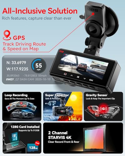 IIWEY 4K+4K Dash Cam Front and Rear, Dual STARVIS w/HDR, 5G WiFi-6 (up to 20MB/s) with App, 128G SD Card Included, GPS, Dash Camera for Cars with 24/7 Parking Mode, 3.18 Inch IPS, 170° Wide Angle - Image 4