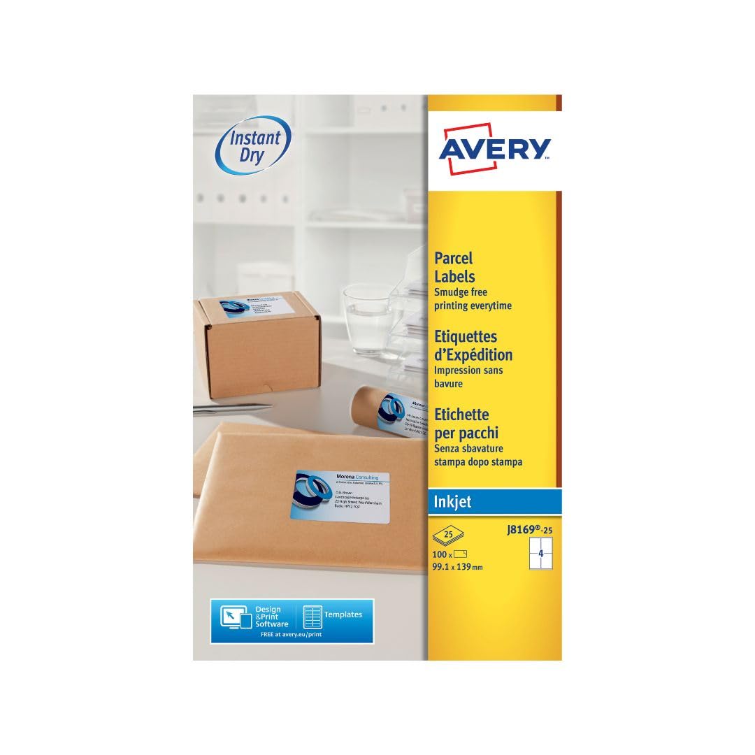 Avery Smudge Free Printable Parcel Labels – Quickdry Shipping Stickers – 99.1 x 139 mm – 4 per Sheet – 100 White Blank Address Labels (J8169-25)