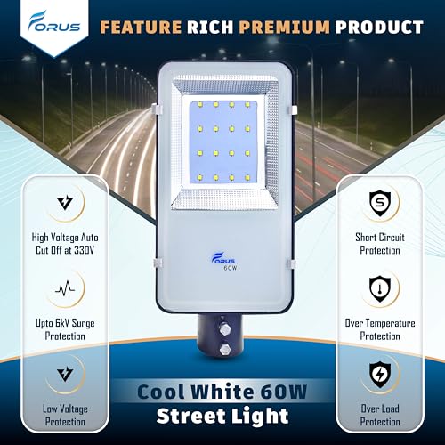 Image of Forus LED Street Light 60W Waterproof 5 Years Warranty, Cool White Street Light 60 Watt LED for Home, Street Lights Outdoor, Street Lamp, LED Street Road Lights 1Pc