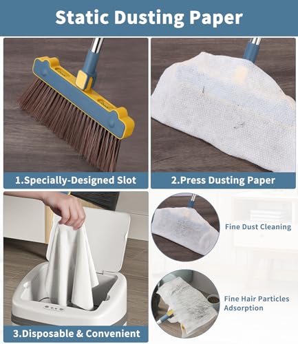 LEAZZLE Besen und Kehrschaufel Set mit Langem Stiel,180 Grad Drehbar Kehrmaschine und Kehrschaufel Combo, Broom and Dustpan Set Enthält 30 Stück elektrostatisches Staubpapier für Haus, Büro, Küche