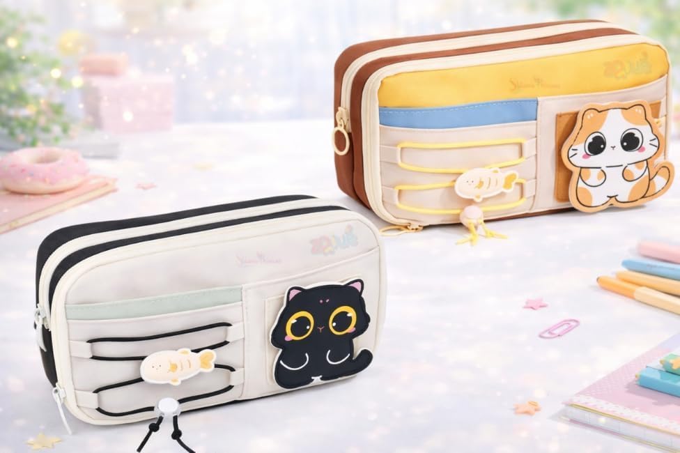 Image of WORSHIPER Pencil Case Set of 2, Birthday Return Gift for Kids, Large Capacity Pencil Pouch with Compartments, Cute Pen Organizer for Girls Boys School Supplies Ages 3-12 (Black & Brown Cat Combo)
